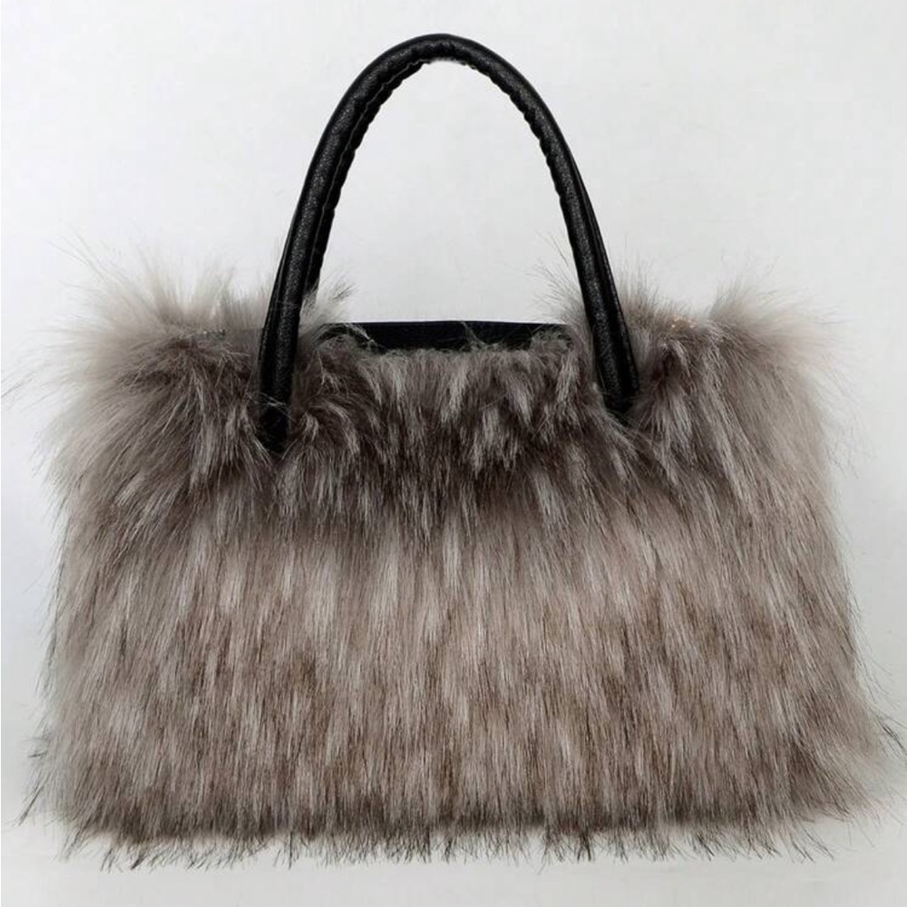Gray Furry Shoulder Bag with Leather Handles